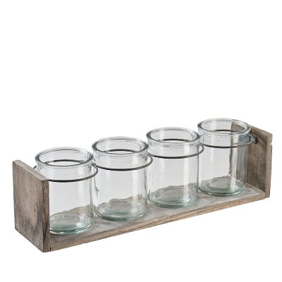 GLAS FLASCHE IM HOLZKORB X4